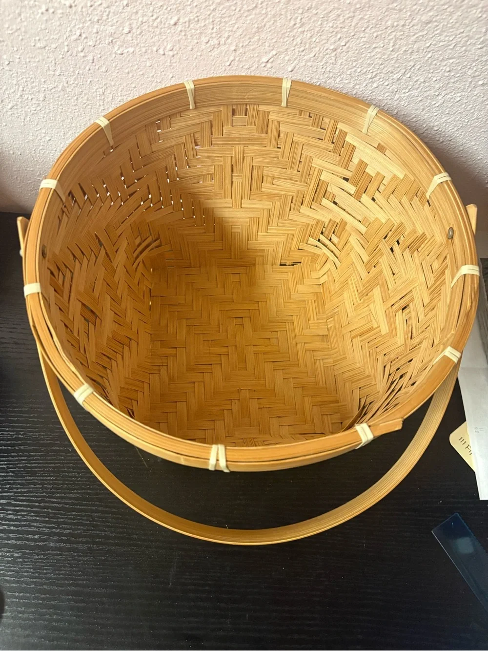 Woven Bamboo Basket Red Floral Handle Cottagecore Farmhouse Decor